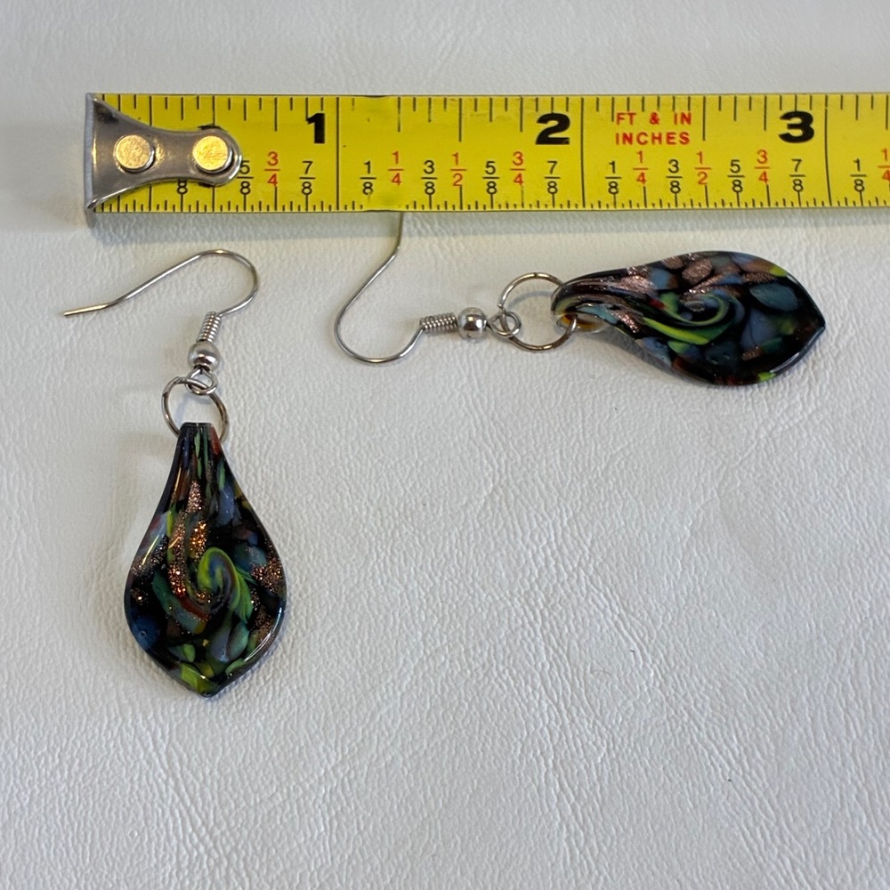 Lampwork Glass Earrings Celestial Dangle Teardrop Swirl Multicolor Silver Tone - Picture 7 of 12